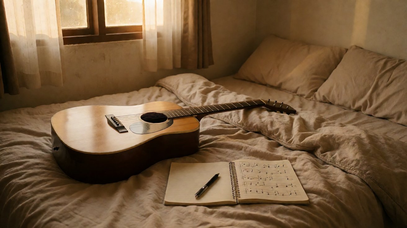 Gitar dan buku latihan chord barre di atas kasur