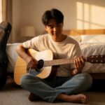 Pemusik muda main gitar akustik di kamar saat sore hari