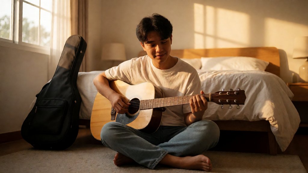 Pemusik muda main gitar akustik di kamar saat sore hari