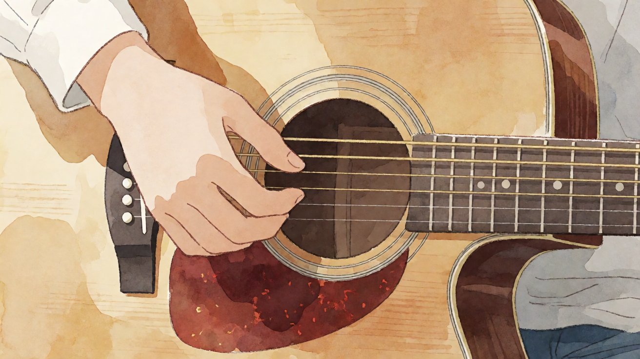 Tangan memetik senar gitar akustik