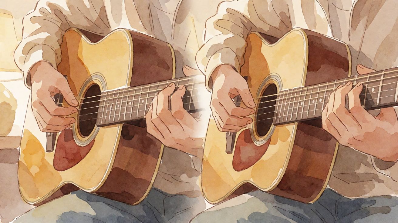 Dua tangan sedang memetik gitar akustik