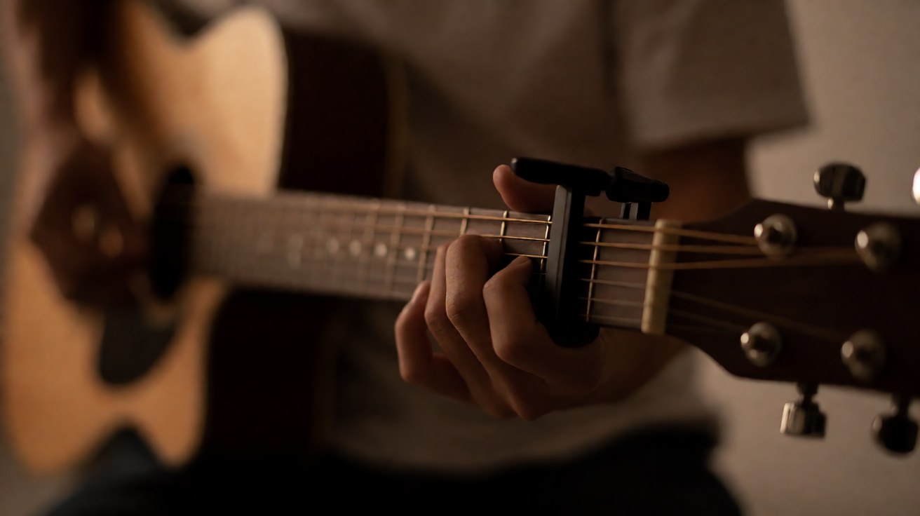 Capo terpasang di fretboard gitar akustik untuk adaptasi nada lagu Didi Kempot