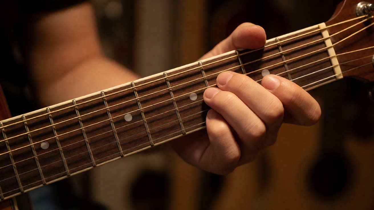 Posisi jari memegang chord di fretboard gitar akustik untuk lagu Inul Daratista