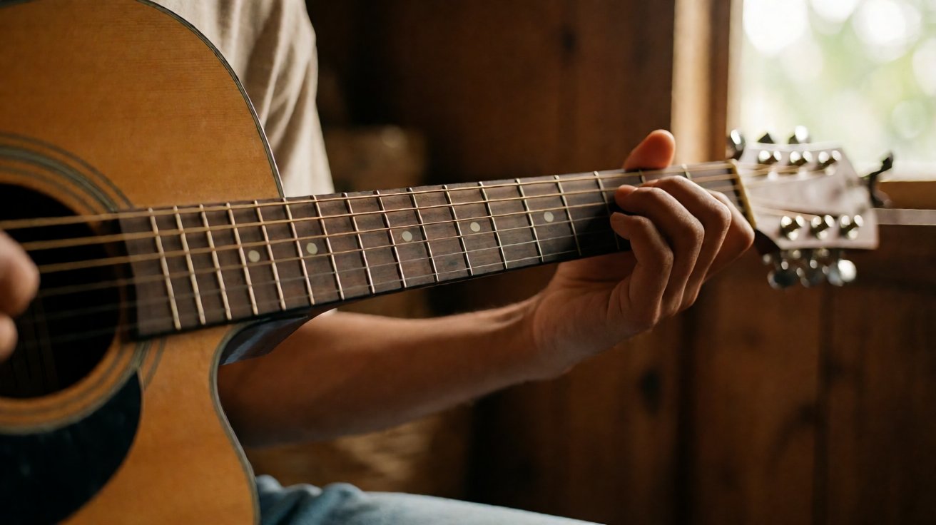 Tangan pemain gitar sedang memetik chord dasar akustik