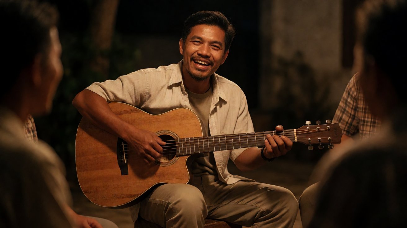 Pemain gitar bernyanyi santai di acara kecil pada sore hari