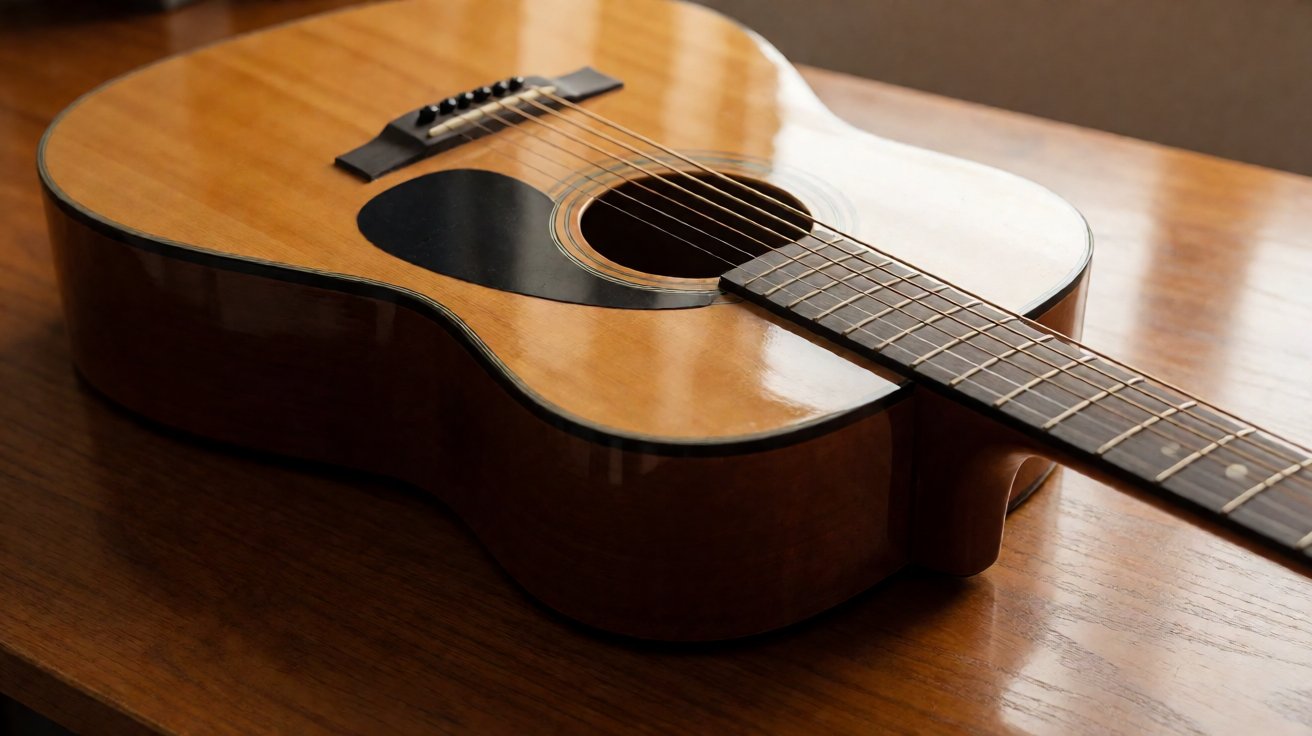 Gitar akustik di meja kayu — struktur latihan 10 menit