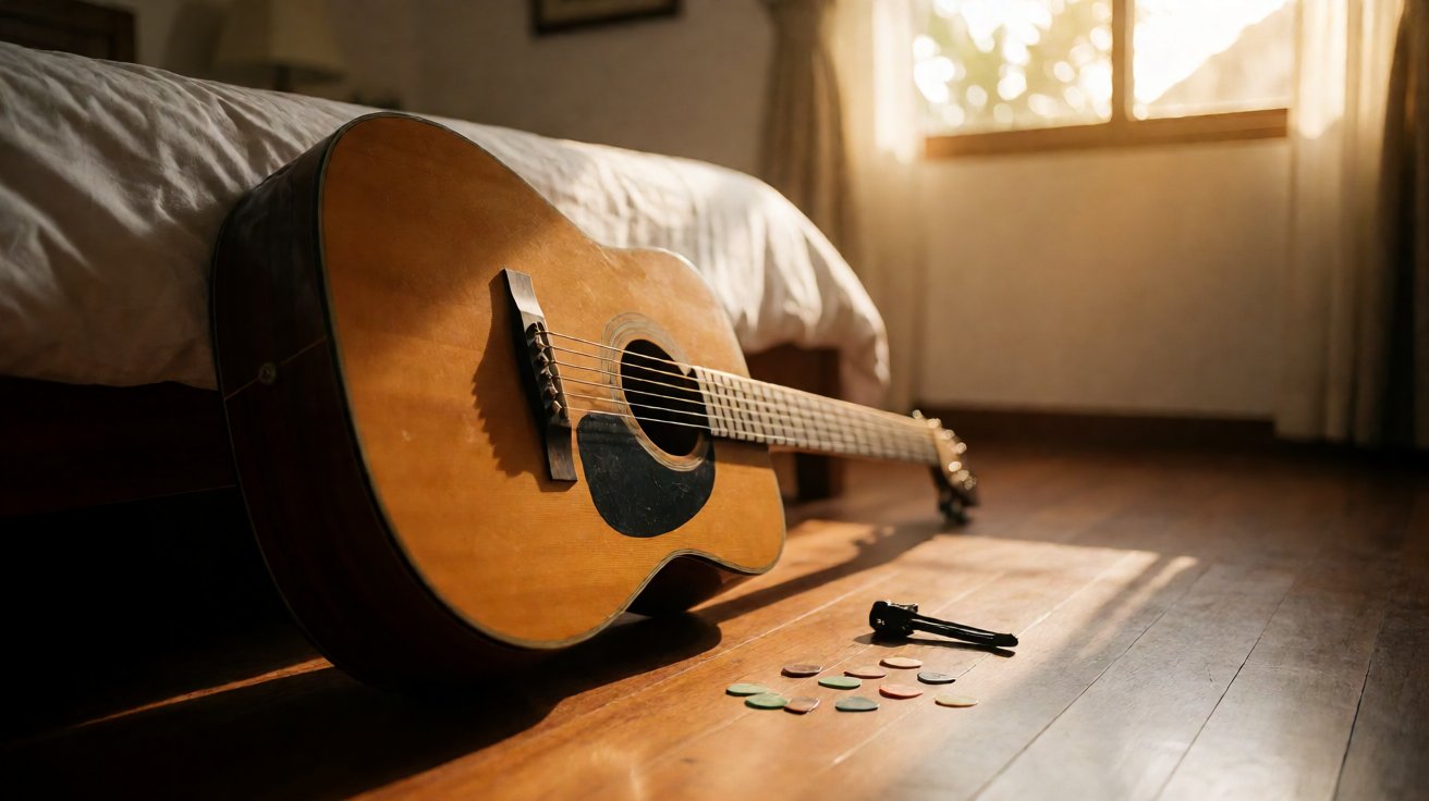 Gitar akustik dengan capo dan pick di lantai kayu