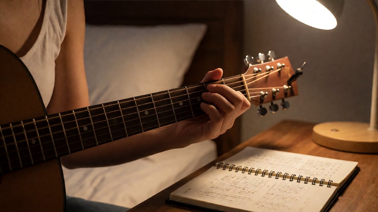 Latihan chord lagu Slank di kamar dengan buku chord