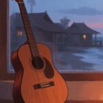 Gitar akustik di dekat jendela dengan latar desa dan laut saat senja untuk lagu Didi Kempot