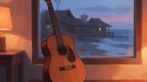 Gitar akustik di dekat jendela dengan latar desa dan laut saat senja untuk lagu Didi Kempot