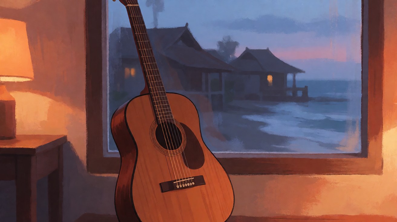 Gitar akustik di dekat jendela dengan latar desa dan laut saat senja untuk lagu Didi Kempot