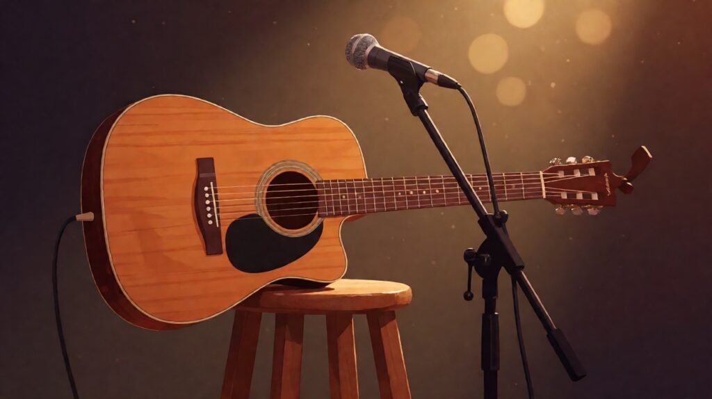 Gitar akustik di atas stool dengan microphone stand untuk lagu Inul Daratista