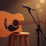 Gitar akustik di atas stool dengan microphone stand untuk lagu Inul Daratista