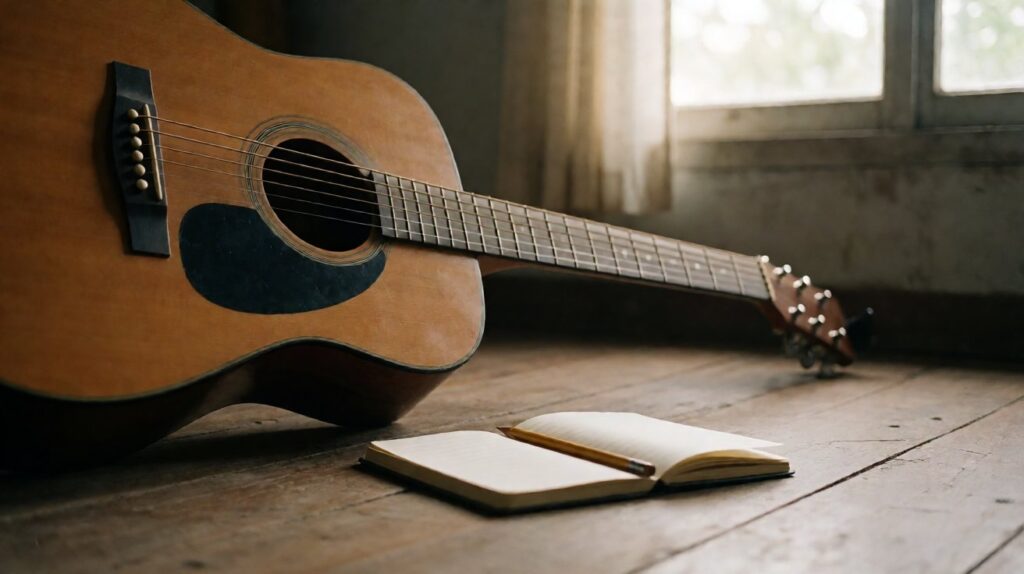 Gitar akustik dengan buku catatan terbuka di lantai kayu, siap untuk latihan chord dangdut
