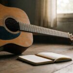 Gitar akustik dengan buku catatan terbuka di lantai kayu, siap untuk latihan chord dangdut