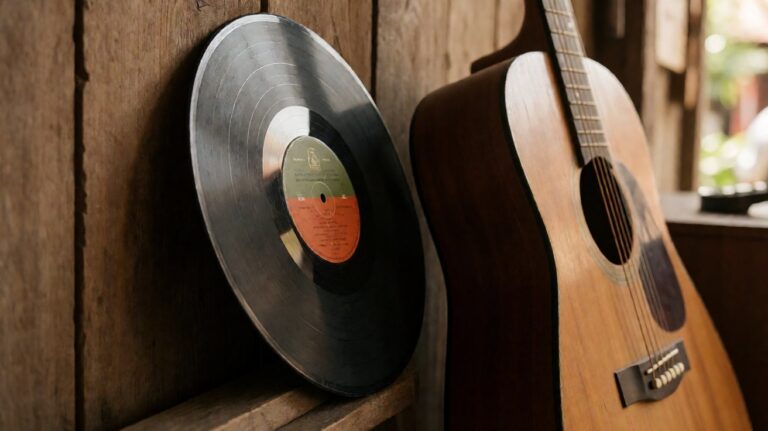 Piringan vinil dan gitar akustik bersandar di dinding kayu, suasana nostalgik dangdut lawas