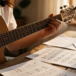 Tangan memainkan gitar akustik dengan lembar chord berserakan di meja kayu