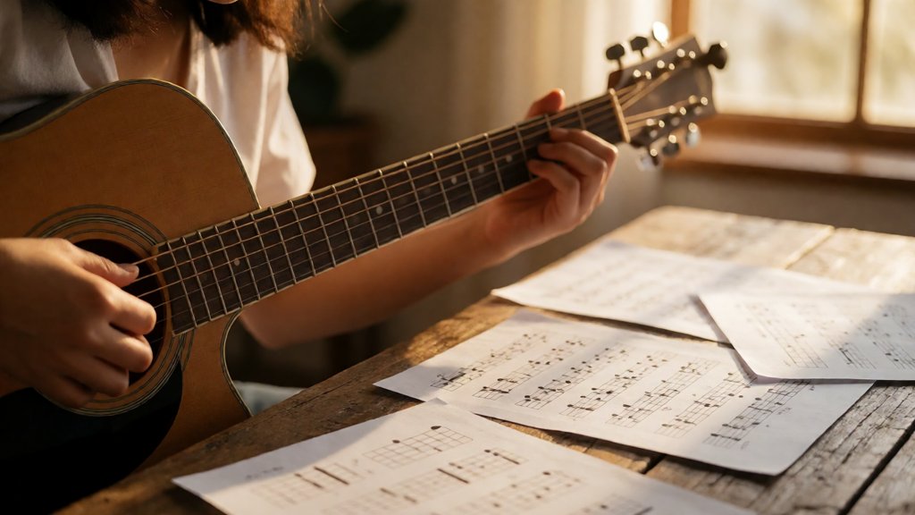 Tangan memainkan gitar akustik dengan lembar chord berserakan di meja kayu