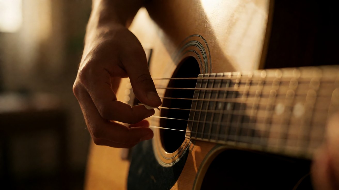 Tangan gitaris sedang strumming diiringi cahaya sore